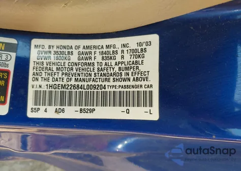 2004 Honda Civic Lx из США, поврежденный, VIN 1HGEM22684L009204
